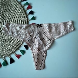 Victoria's Secret Body By Victoria Lace Black Thong Panty Pink Dots XL NEW